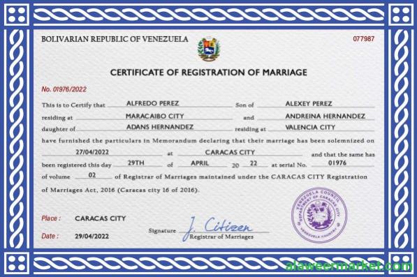 Venezuela marriage certificate PSD template
